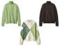 Trois pulls : un col roulé vert, un col roulé marron et un pull argyle dans les tons verts.