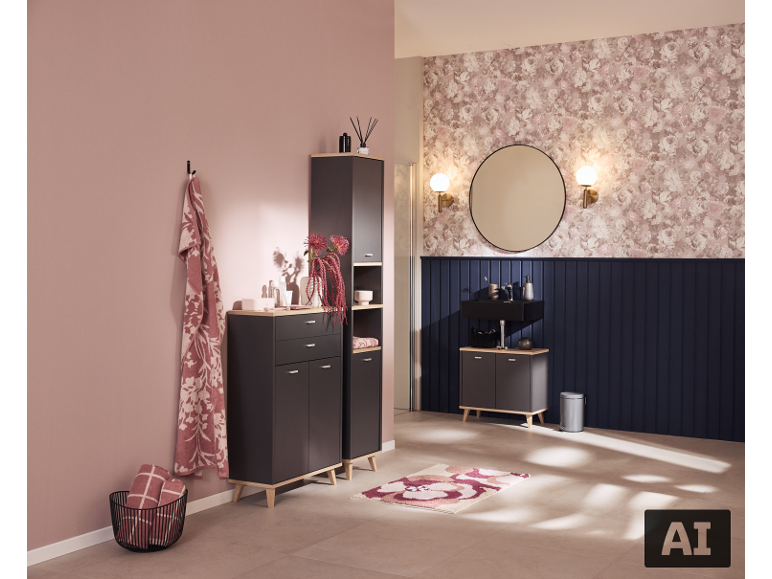 Meubles de salle de bain modernes dans les tons gris et bois dans un décor élégant.