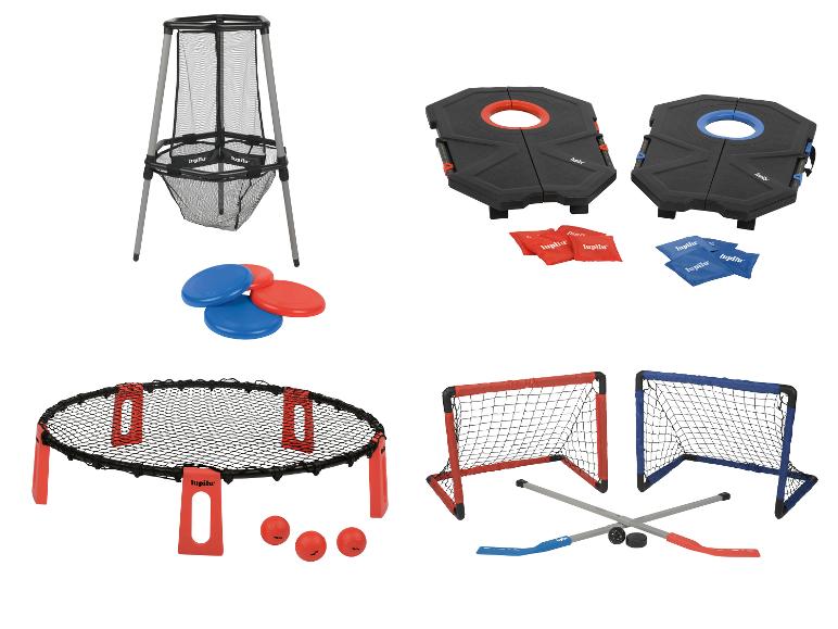 Une collection de jeux de plein air incluant une cible de frisbee golf, un cornhole, un spikeball et un mini hockey.
