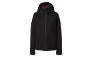 Veste d'hiver noire avec fermeture éclair violette et capuche.