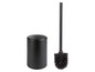 Une brosse de toilette noire avec un support.