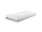 Matelas blanc avec housse matelassée et passepoil gris foncé.