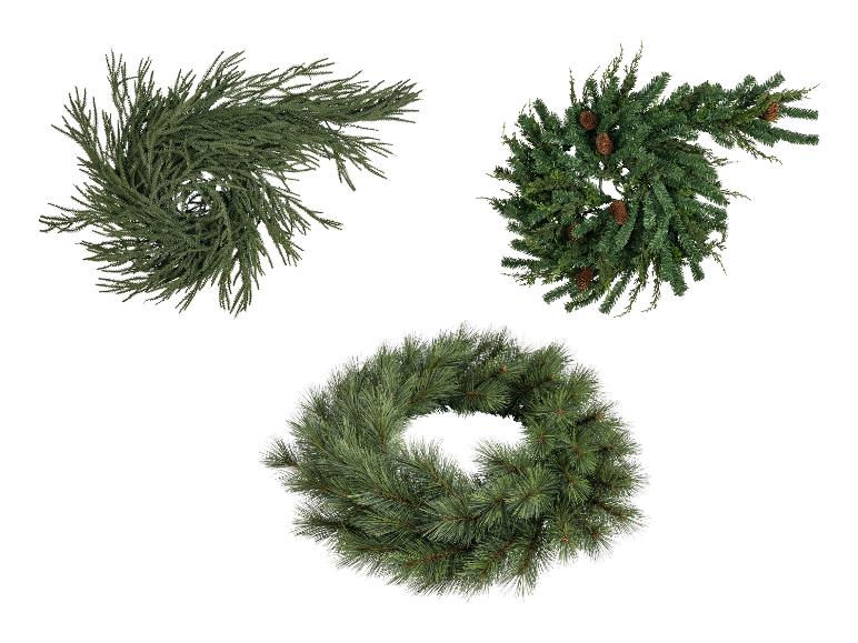 Guirlandes et couronne de Noël LIVARNO® avec aiguilles de pin et pommes de pin.