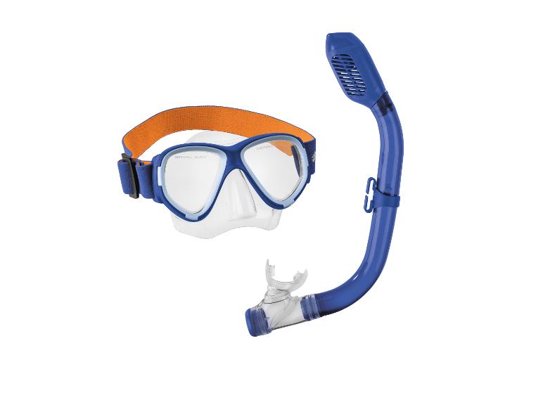 Masque de plongée bleu avec sangle orange et tuba.