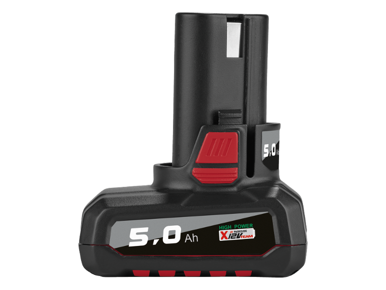 Batterie d'outil électrique noire de 5,0 Ah avec des accents rouges et l'inscription 'HIGH POWER X12V TEAM'.