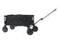 Chariot pliable avec tissu noir et roues robustes.