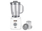Un blender Kenwood blanc avec un pichet en verre et un petit bol de mixeur.