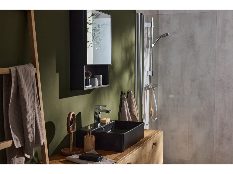 Salle de bain avec mur vert, lavabo noir et cabine de douche.