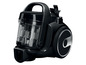 Aspirateur noir avec un bac à poussière transparent.