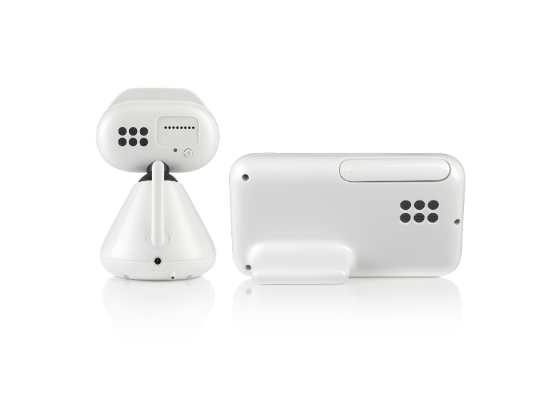 Deux dispositifs blancs pour bébés, l'un en forme de robot et l'autre rectangulaire, sur fond blanc.