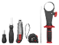 Un ensemble d'outils à main comprenant des tournevis, un cutter, un mètre ruban et une clé à tuyau.