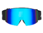 Masque de ski noir avec une lentille miroir bleue et un bandeau élastique.