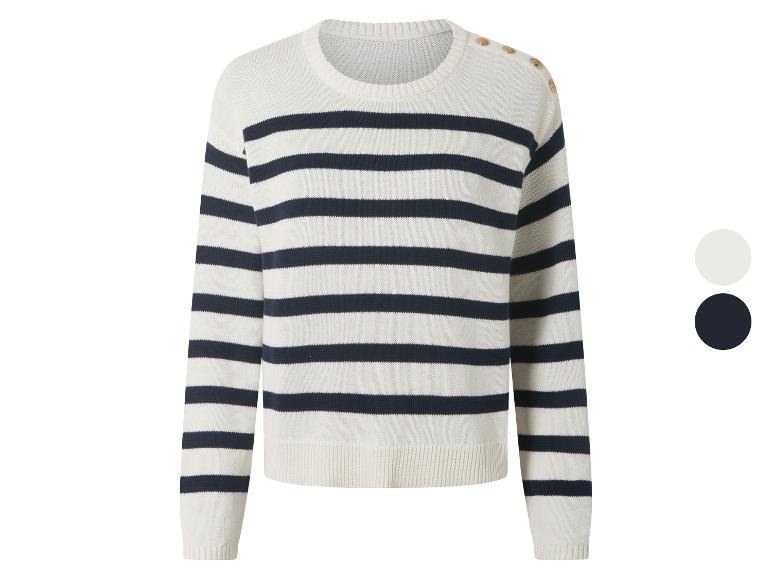 Pull rayé en maille blanc et bleu marine avec des boutons sur l'épaule.