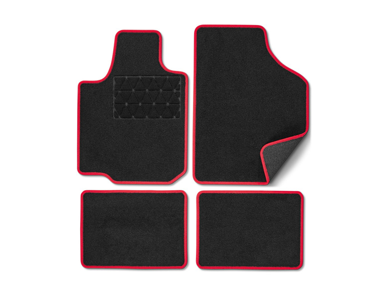 Tapis de sol de voiture noirs avec une bordure rouge.