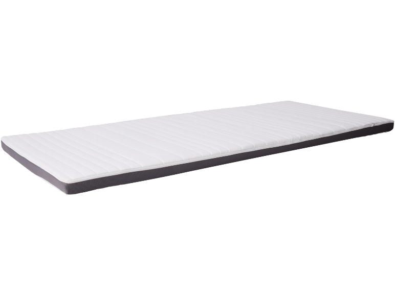 Matelas blanc et gris clair, long et étroit.