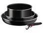 Un ensemble de poêles Tefal avec une finition noire et une poignée rouge.