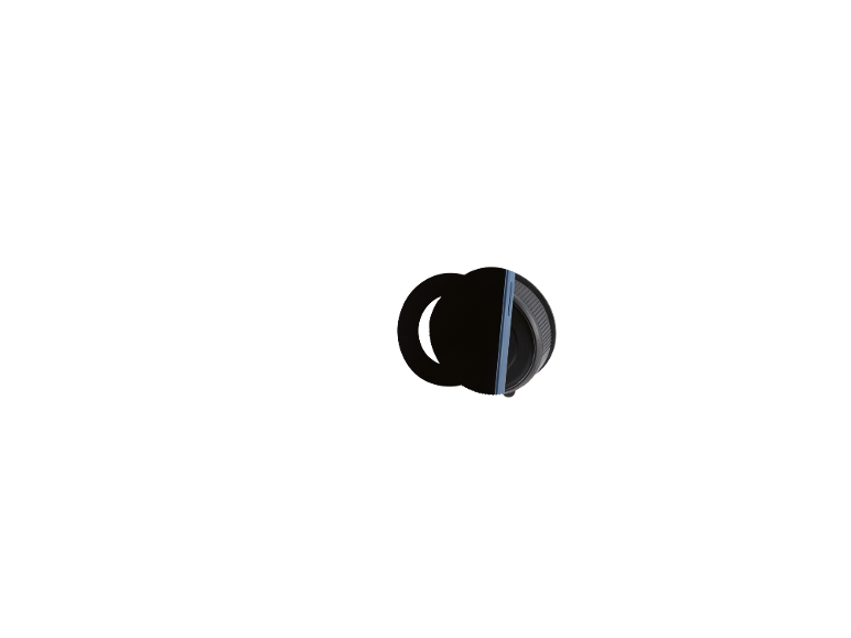 Bouchon de bouteille noir avec un anneau bleu, vue de dessus.