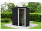 Un abri de jardin en métal noir avec une porte coulissante et une échelle à l'intérieur.