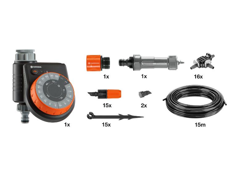 Kit d'arrosage Gardena : programmateur, tuyaux, raccords et goutteurs.