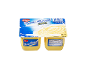 Quatre pots de crème dessert à la vanille, avec informations nutritionnelles et code-barres.