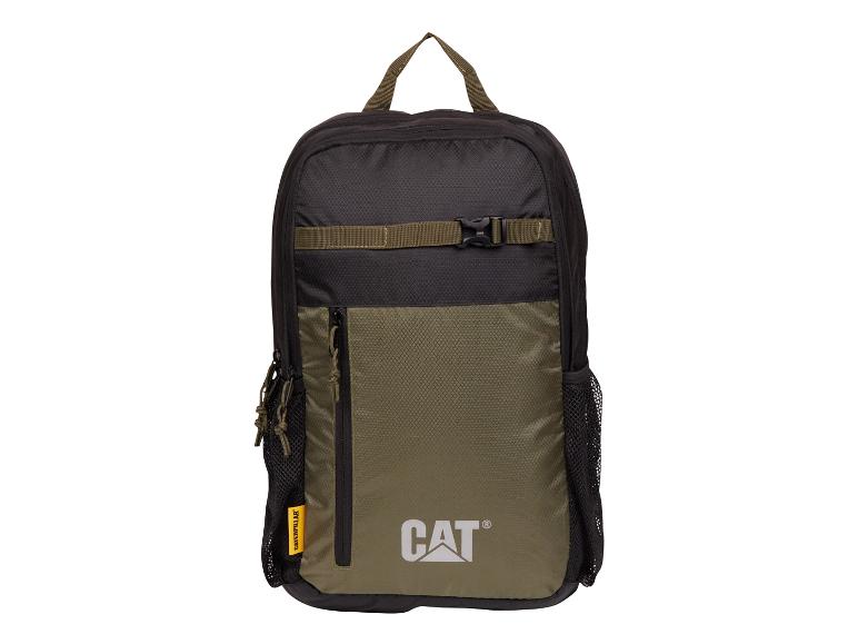 Sac à dos noir et kaki avec poches latérales en filet et sangles réglables.