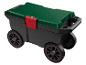 Chariot de jardin noir avec couvercle vert et roues avec accents rouges.