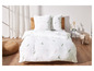 Draps blancs avec un motif de plumes vertes et roses.