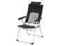 Chaise pliante noire avec accoudoirs et appuie-tête.