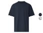 T-shirt bleu marine à manches courtes et col rond, avec des échantillons de couleurs unies et rayées.