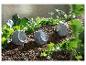 Trois lampes solaires en forme de pierre, décor jardin.
