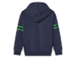Sweat-shirt à capuche bleu marine avec des bandes vertes sur les manches.