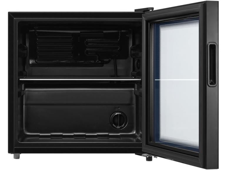 Mini-réfrigérateur noir ouvert avec porte vitrée, montrant l'étagère intérieure et le cadran de température.