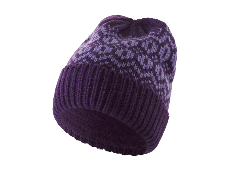 Un bonnet tricoté violet avec un motif violet plus clair.