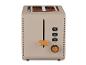 Grille-pain beige à deux fentes avec accents en bois et boutons pour griller, décongeler et annuler.
