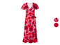 Une robe rose à imprimé de roses rouges.