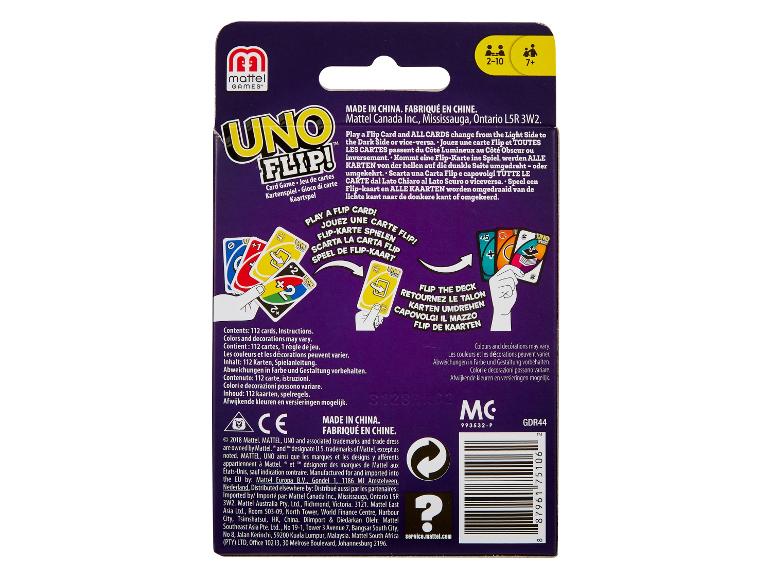 Dos d'un emballage de jeu de cartes avec le nombre de joueurs (2-10), l'âge (7+) et des informations multilingues.