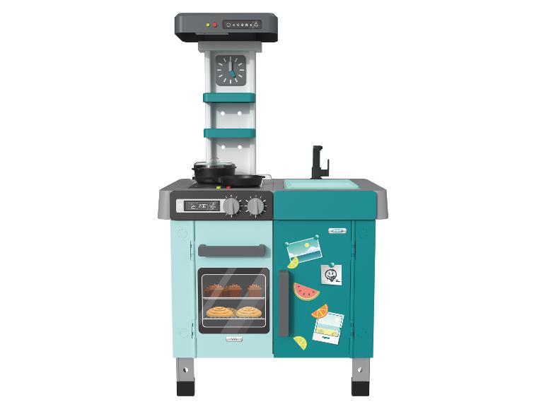 Cuisine de jeu turquoise et grise avec four, plaque de cuisson et évier