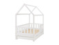 Lit blanc en bois avec cadre en forme de maison et deux tiroirs