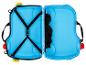 Valise enfant bleue ouverte avec sangles noires et poche.