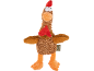 Peluche de poulet marron avec bec et pattes oranges, et crête et barbillon rouges.