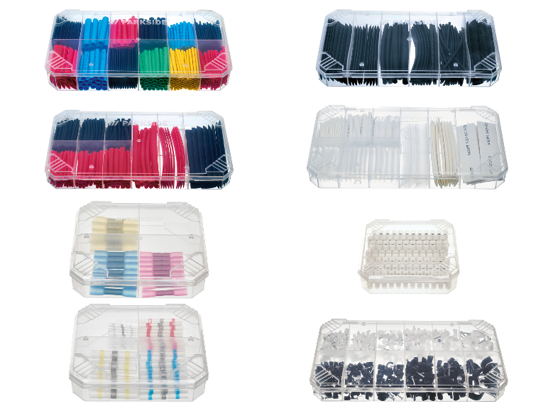 Assortiment Parksid de gaines thermorétractables, cosses et attaches de câbles dans des boîtes de rangement pratiques.