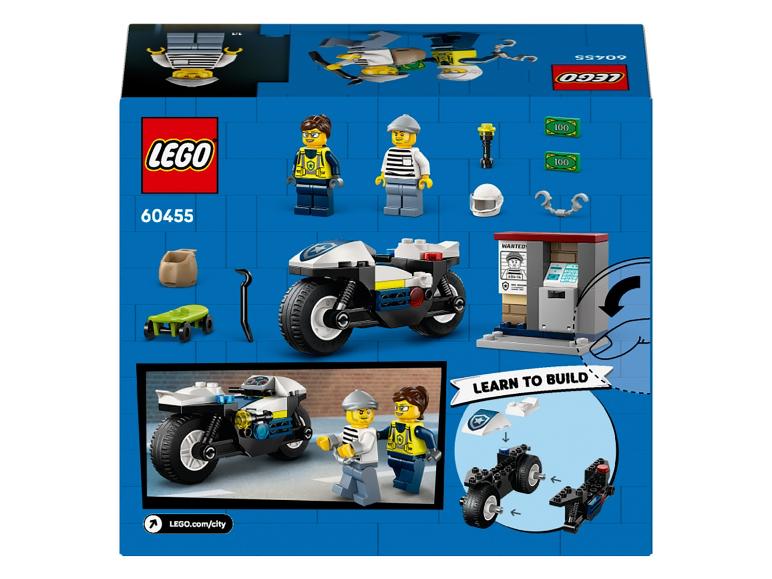 Boîte LEGO City avec moto de police, figurines et accessoires.