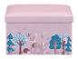 Pouf de rangement rose pour enfant avec imprimé animaux de la forêt.