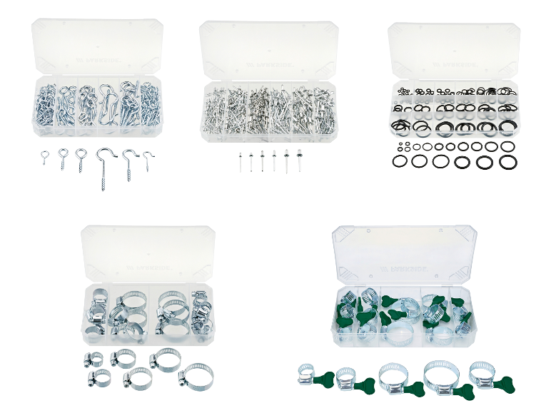 Ensemble d'œillets à vis, rivets, joints toriques et colliers de serrage dans des boîtes assorties.