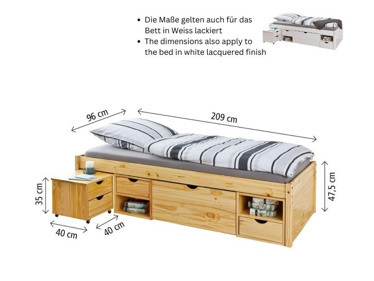 Cadre de lit en bois avec tiroirs de rangement et table de chevet coulissante, avec dimensions indiquées.