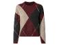 Pull argyle bordeaux, beige et noir avec des motifs en losange.