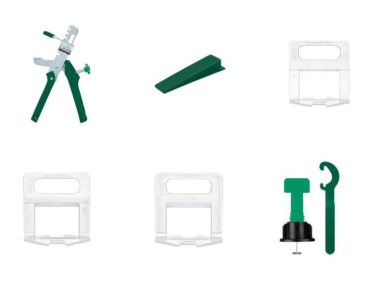 Kit de pose de carrelage Parkside : pince, cales et croisillons.