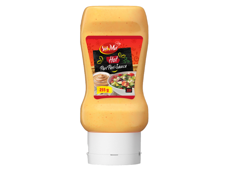 Bouteille de sauce peri-peri piquante avec étiquette montrant salade et bol de sauce, 255 g.