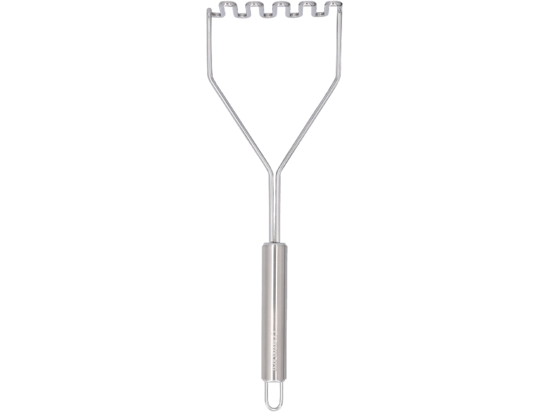 Presse-purée en acier inoxydable avec manche cylindrique et tête ondulée.