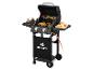 Barbecue au gaz Grillmeister avec de la viande et du pain grillés.
